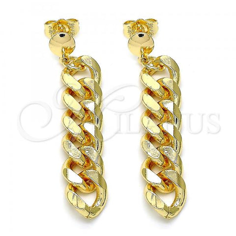 Oro Laminado Long Earring, Gold Filled Style Miami Cuban Design, Polished, Golden Finish, 02.63.2734