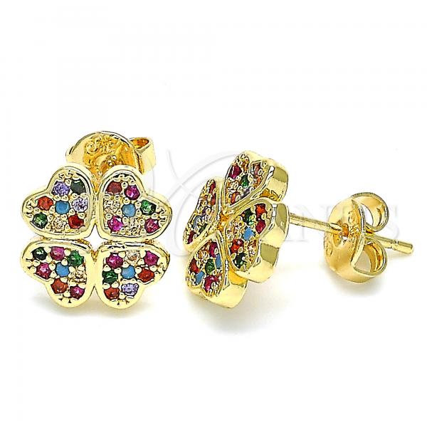 Oro Laminado Stud Earring, Gold Filled Style Four-leaf Clover Design, with Multicolor Micro Pave, Polished, Golden Finish, 02.233.0005