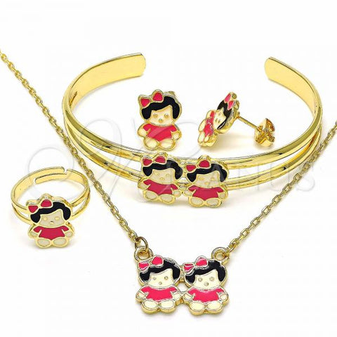 Oro Laminado Earring and Pendant Children Set, Gold Filled Style Little Girl Design, Pink Enamel Finish, Golden Finish, 06.361.0019