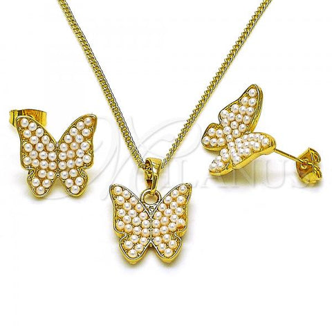 Oro Laminado Earring and Pendant Adult Set, Gold Filled Style Butterfly Design, with Ivory Pearl, Polished, Golden Finish, 10.379.0075