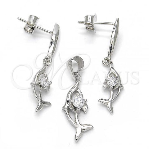 Sterling Silver Earring and Pendant Adult Set, Dolphin Design, with White Cubic Zirconia, Polished, Rhodium Finish, 10.337.0008