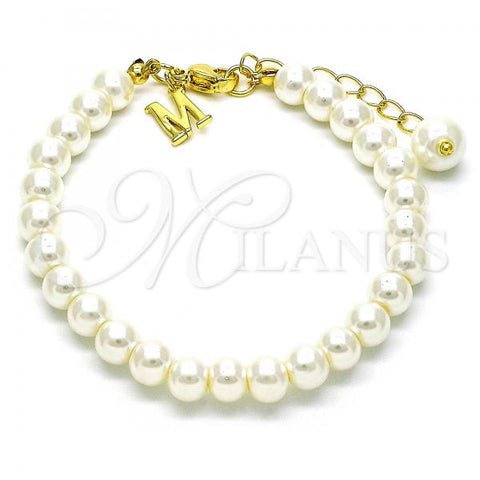 Oro Laminado Fancy Bracelet, Gold Filled Style Ball Design, with Ivory Pearl, Polished, Golden Finish, 03.405.0006.07