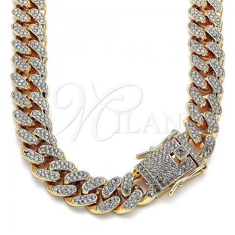 Oro Laminado Basic Necklace, Gold Filled Style Miami Cuban Design, with White Crystal, Polished, Golden Finish, 03.372.0001.18