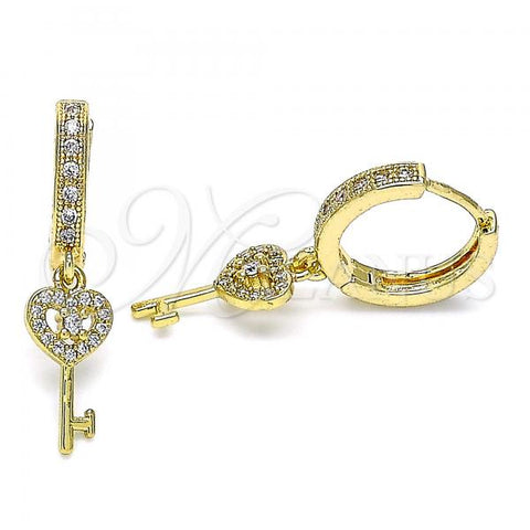 Oro Laminado Huggie Hoop, Gold Filled Style key and Heart Design, Polished, Golden Finish, 02.381.0014.15