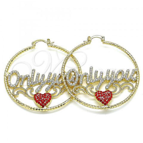 Oro Laminado Large Hoop, Gold Filled Style Nameplate and Heart Design, with White and Garnet Crystal, Diamond Cutting Finish, Golden Finish, 02.380.0079.50