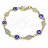 Oro Laminado Fancy Bracelet, Gold Filled Style Evil Eye and Hand of God Design, Blue Resin Finish, Golden Finish, 03.326.0007.1.06