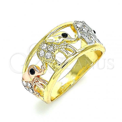 Oro Laminado Multi Stone Ring, Gold Filled Style Elephant Design, with White and Black Crystal, Polished, Tricolor, 01.380.0001.1.09