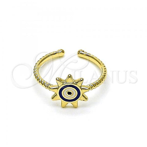 Oro Laminado Elegant Ring, Gold Filled Style Evil Eye and Sun Design, Blue Enamel Finish, Golden Finish, 01.213.0020.2