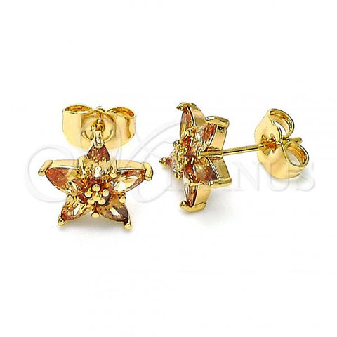Oro Laminado Stud Earring, Gold Filled Style Star Design, with Dark Champagne Cubic Zirconia, Polished, Golden Finish, 02.310.0060