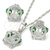 Rhodium Plated Earring and Pendant Adult Set, Crown Design, with Green and White Cubic Zirconia, Polished, Rhodium Finish, 10.106.0017.3