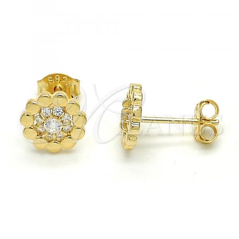 Sterling Silver Stud Earring, Flower Design, with White Cubic Zirconia, Polished, Golden Finish, 02.285.0058