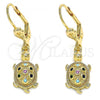 Oro Laminado Dangle Earring, Gold Filled Style Turtle Design, with Multicolor Micro Pave, Polished, Golden Finish, 02.210.0392.1
