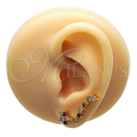 Oro Laminado Earcuff Earring, Gold Filled Style Flower Design, with Multicolor Micro Pave, Polished, Golden Finish, 02.210.0702.1