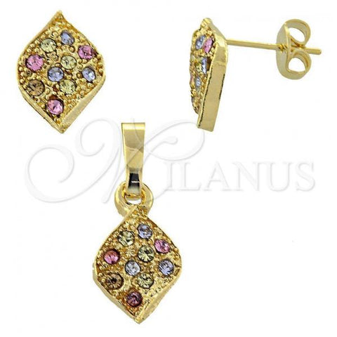 Oro Laminado Earring and Pendant Adult Set, Gold Filled Style Leaf Design, with Multicolor Crystal, Polished, Golden Finish, 10.164.0028.1