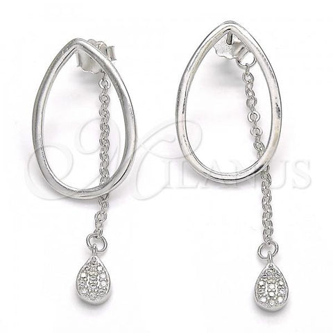 Sterling Silver Stud Earring, Teardrop Design, with White Micro Pave, Polished, Rhodium Finish, 02.186.0085
