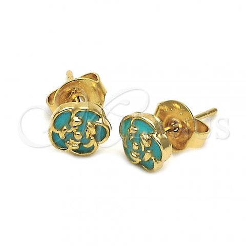 Oro Laminado Stud Earring, Gold Filled Style Flower Design, Acqua Enamel Finish, Golden Finish, 02.64.0397 *PROMO*