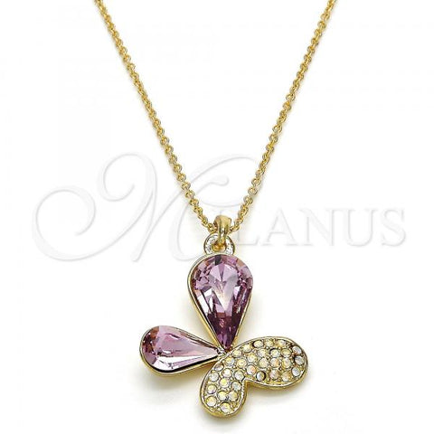 Oro Laminado Pendant Necklace, Gold Filled Style Butterfly Design, with Cyclamen Opal and Aurore Boreale Swarovski Crystals, Polished, Golden Finish, 04.239.0043.5.18
