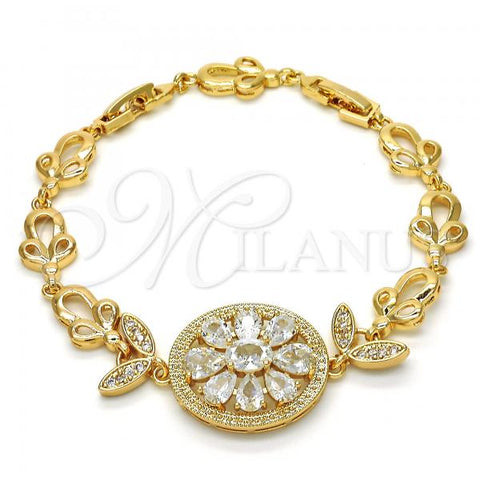 Oro Laminado Fancy Bracelet, Gold Filled Style Flower Design, with White Cubic Zirconia, Polished, Golden Finish, 03.205.0030.07