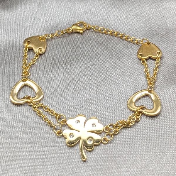 Stainless Steel Fancy Bracelet, Four-leaf Clover and Heart Design, with White Crystal, Polished, Golden Finish, 03.63.22995.08