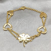 Stainless Steel Fancy Bracelet, Four-leaf Clover and Heart Design, with White Crystal, Polished, Golden Finish, 03.63.22995.08