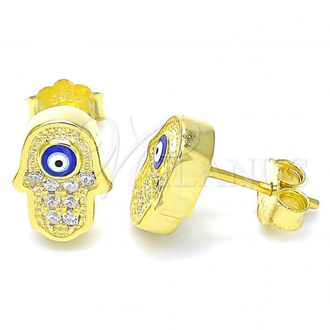 Sterling Silver Stud Earring, Hand of God and Evil Eye Design, with White Cubic Zirconia, Blue Enamel Finish, Golden Finish, 02.336.0152.2