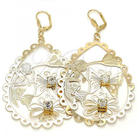 Oro Laminado Dangle Earring, Gold Filled Style Flower and Butterfly Design, with White Crystal, Polished, Golden Finish, 64.003