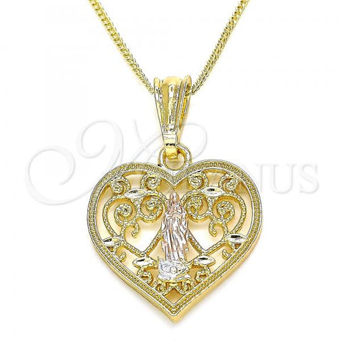 Oro Laminado Pendant Necklace, Gold Filled Style Guadalupe and Heart Design, Polished, Tricolor, 04.351.0026.20