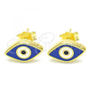 Sterling Silver Stud Earring, Evil Eye Design, Blue Enamel Finish, Golden Finish, 02.336.0055.2