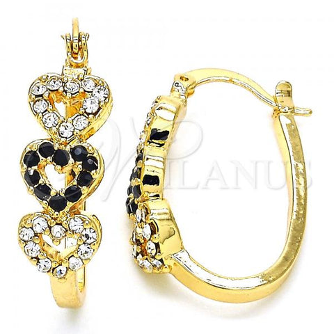 Oro Laminado Small Hoop, Gold Filled Style Heart Design, with Black and White Crystal, Polished, Golden Finish, 02.100.0096.1.20
