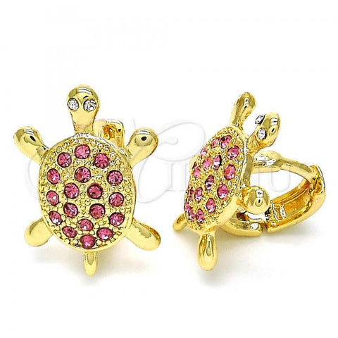 Oro Laminado Huggie Hoop, Gold Filled Style Turtle Design, with Pink and White Crystal, Polished, Golden Finish, 02.348.0001.4.15