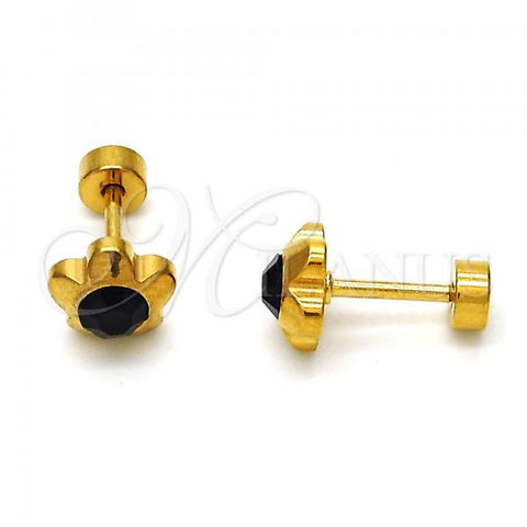 Stainless Steel Stud Earring, Flower Design, with Black Crystal, Polished, Golden Finish, 02.271.0019.4