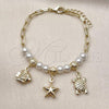 Oro Laminado Charm Bracelet, Gold Filled Style Fish and Turtle Design, with Ivory Pearl, Polished, Golden Finish, 03.213.0374.07