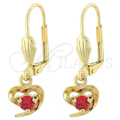 Oro Laminado Dangle Earring, Gold Filled Style Heart Design, with Garnet Cubic Zirconia, Polished, Golden Finish, 02.63.2454.1