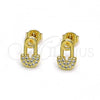 Oro Laminado Stud Earring, Gold Filled Style Paperclip Design, with White Micro Pave, Polished, Golden Finish, 02.102.0066
