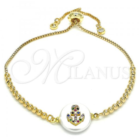 Oro Laminado Adjustable Bolo Bracelet, Gold Filled Style Anchor Design, with Multicolor Cubic Zirconia, Polished, Golden Finish, 03.63.2103.11