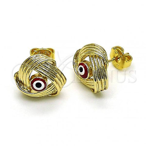 Oro Laminado Stud Earring, Gold Filled Style Evil Eye Design, Red Enamel Finish, Golden Finish, 02.213.0423