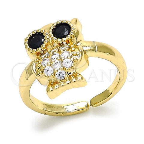 Oro Laminado Multi Stone Ring, Gold Filled Style Owl Design, with White and Black Cubic Zirconia, Polished, Golden Finish, 01.210.0089 (One size fits all)