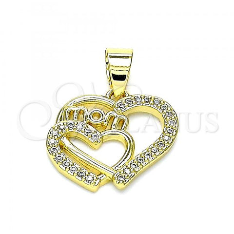 Oro Laminado Fancy Pendant, Gold Filled Style Mom and Heart Design, with White Micro Pave, Polished, Golden Finish, 05.102.0019