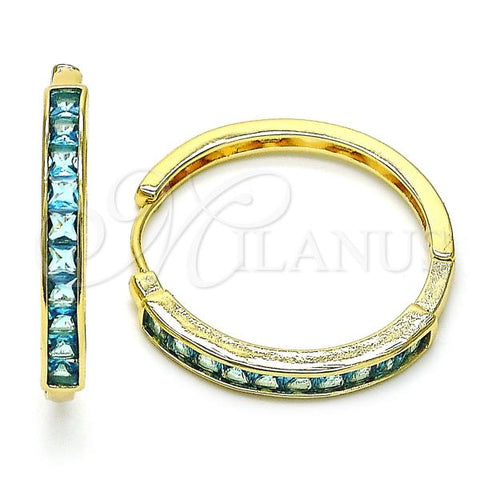 Oro Laminado Huggie Hoop, Gold Filled Style Baguette Design, with Blue Topaz Cubic Zirconia, Polished, Golden Finish, 02.210.0106.17.35
