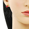 Oro Laminado Stud Earring, Gold Filled Style Heart Design, with Ruby Cubic Zirconia, Polished, Golden Finish, 02.342.0290.1