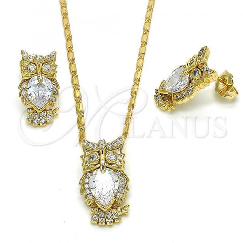 Oro Laminado Earring and Pendant Adult Set, Gold Filled Style Owl Design, with White Cubic Zirconia, Polished, Golden Finish, 10.210.0064