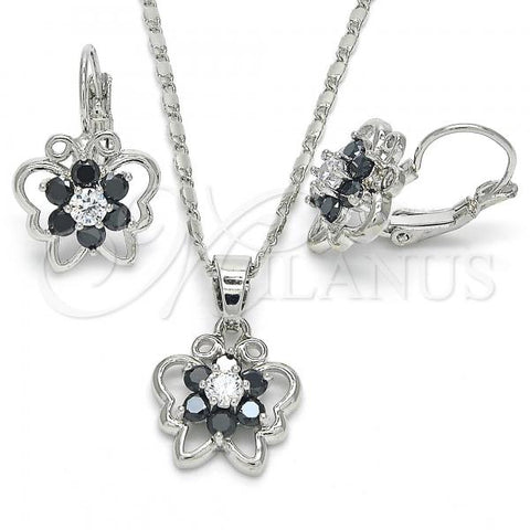 Rhodium Plated Earring and Pendant Adult Set, Butterfly and Flower Design, with Black and White Cubic Zirconia, Polished, Rhodium Finish, 10.210.0100.6