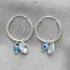 Sterling Silver Small Hoop, Evil Eye Design, with White Crystal and Aqua Blue Cubic Zirconia, Polished, Silver Finish, 02.401.0032.15