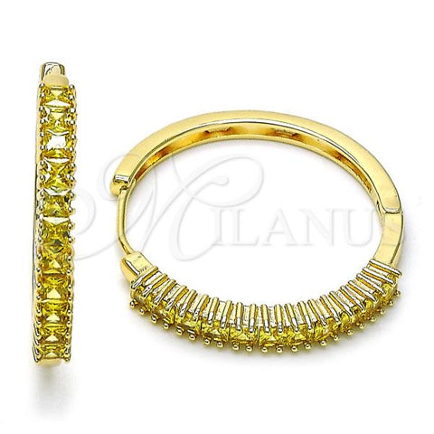 Oro Laminado Huggie Hoop, Gold Filled Style Baguette Design, with Golden Cubic Zirconia, Polished, Golden Finish, 02.210.0105.20.35