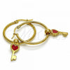 Stainless Steel Medium Hoop, key and Heart Design, Red Enamel Finish, Golden Finish, 02.364.0002.30