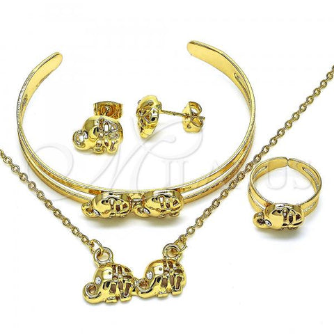 Oro Laminado Earring and Pendant Children Set, Gold Filled Style Elephant Design, with White Crystal, Polished, Golden Finish, 06.361.0008