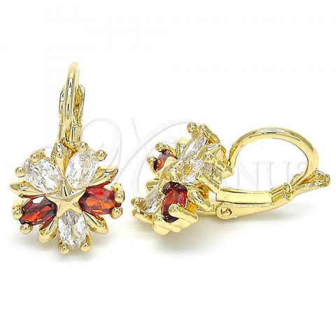 Oro Laminado Leverback Earring, Gold Filled Style Flower and Star Design, with Garnet and White Cubic Zirconia, Polished, Golden Finish, 02.210.0218.2