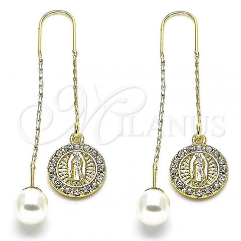 Oro Laminado Threader Earring, Gold Filled Style Guadalupe Design, with White Crystal, Polished, Golden Finish, 02.253.0007