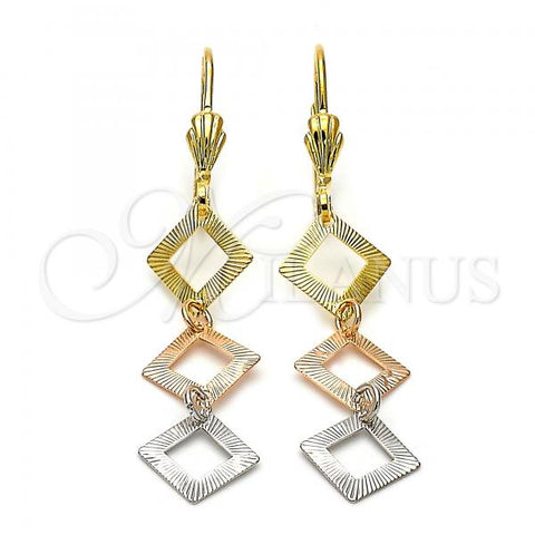 Oro Laminado Long Earring, Gold Filled Style Diamond Cutting Finish, Tricolor, 02.63.2171