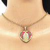 Oro Laminado Religious Pendant, Gold Filled Style Heart and Guadalupe Design, with Garnet Crystal, Polished, Golden Finish, 05.351.0135
